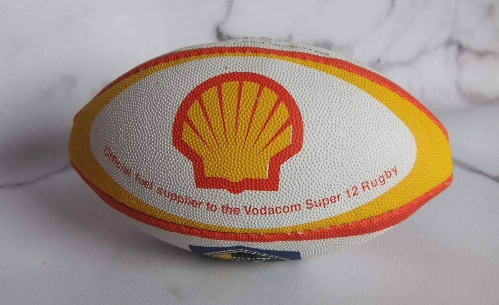 Two vintage miniature rugby balls made for the Vodacom Super 12 advertising Shell oil or fuel