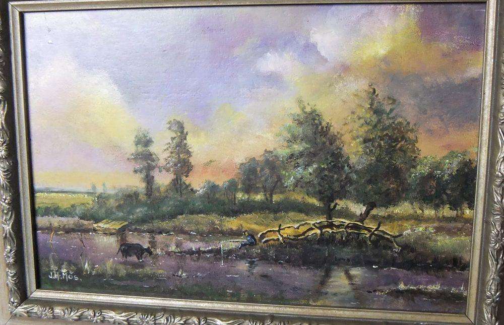 A BEAUTIFULLY FRAMED ORIGINAL OIL ON BOARD LANDSCAPE PAINTING SIGNED BY THE ARTIST J.H. MOS