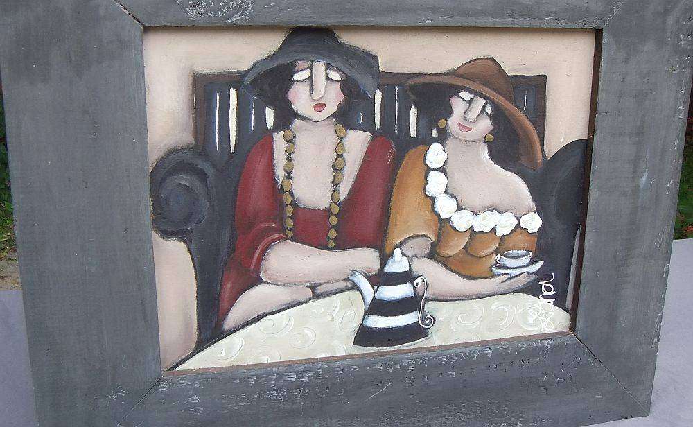 An original painting of ladies having tea by West Coast artist , Lana