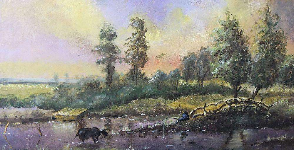 A BEAUTIFULLY FRAMED ORIGINAL OIL ON BOARD LANDSCAPE PAINTING SIGNED BY THE ARTIST J.H. MOS