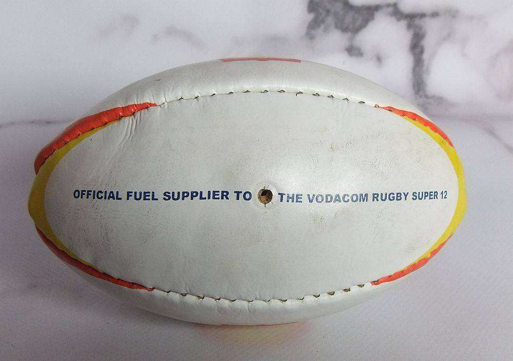 Two vintage miniature rugby balls made for the Vodacom Super 12 advertising Shell oil or fuel