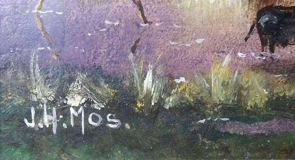 A BEAUTIFULLY FRAMED ORIGINAL OIL ON BOARD LANDSCAPE PAINTING SIGNED BY THE ARTIST J.H. MOS