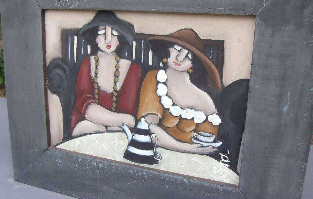 An original painting of ladies having tea by West Coast artist , Lana
