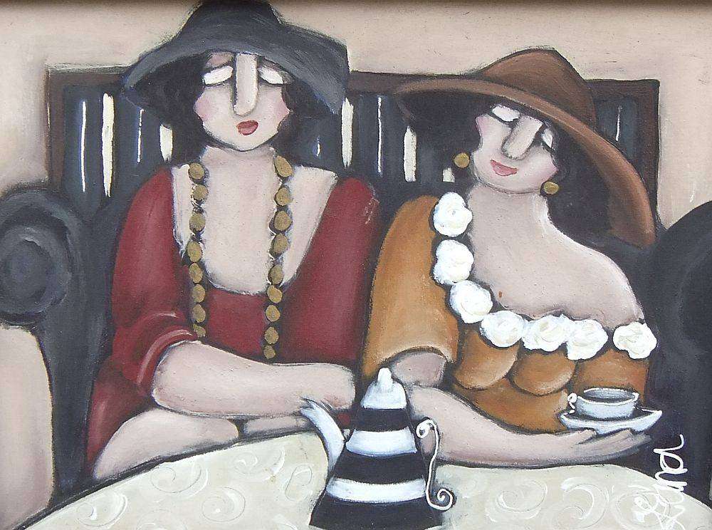 An original painting of ladies having tea by West Coast artist , Lana