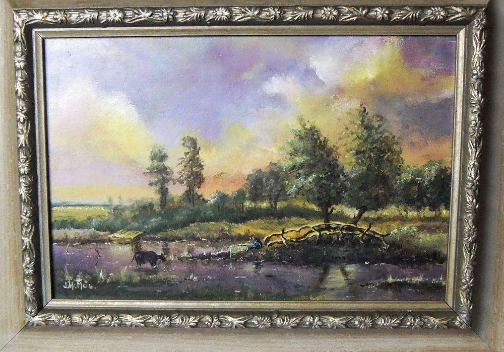 A BEAUTIFULLY FRAMED ORIGINAL OIL ON BOARD LANDSCAPE PAINTING SIGNED BY THE ARTIST J.H. MOS