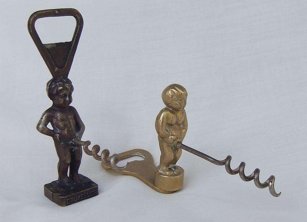 TWO TOTALLY CUTE VINTAGE "BOY FROM BRUSSELS" CORKSCREWS - ONE WITH BOTTLE OPENER TOO !!