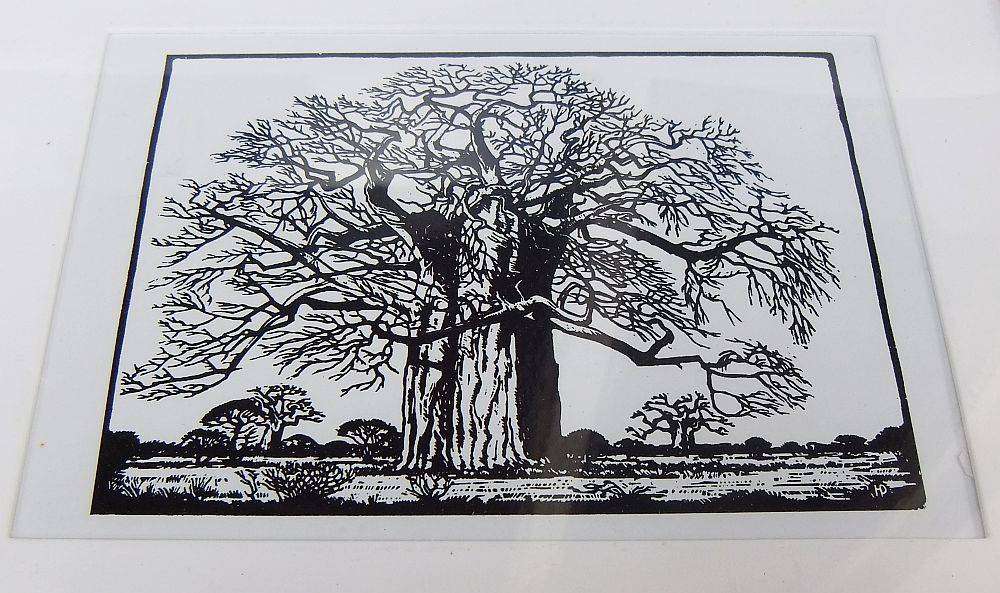 A framed linocut or lithograph of an artwork by Hendrik Pierneef with initials