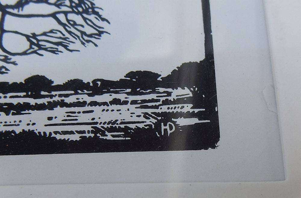A framed linocut or lithograph of an artwork by Hendrik Pierneef with initials