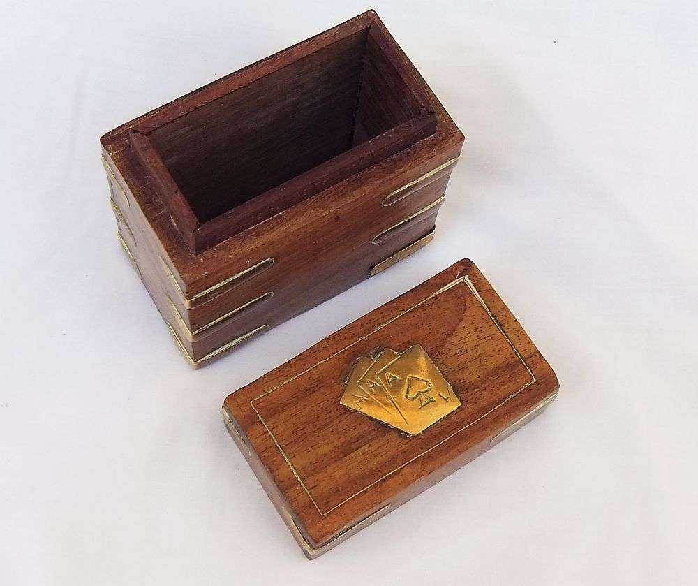 WOW !! AN AWESOME VINTAGE WOOD AND BRASS CARD HOLDER BOX WITH TRIPLE ACE MOTIF !! JUST SO COOL !!