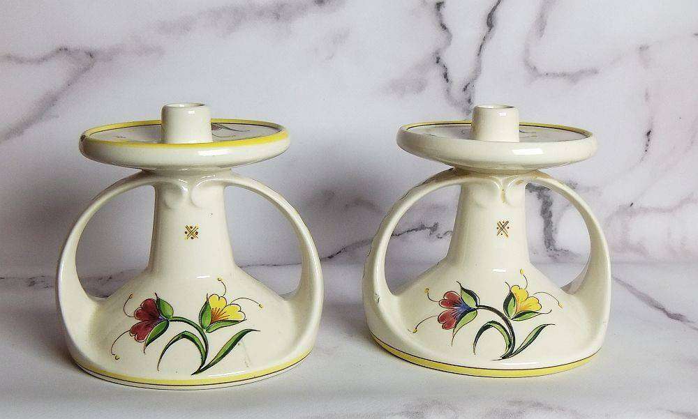 A rare pair of beautiful hand painted Art Nouveau styled Schoonhoven Holland candle holders