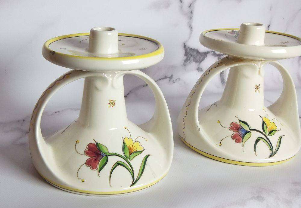 A rare pair of beautiful hand painted Art Nouveau styled Schoonhoven Holland candle holders