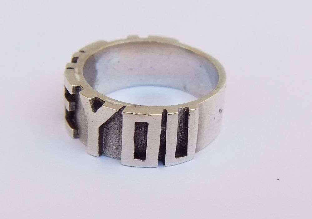 A UNIQUE THICK QUALITY SOLID STERLING SILVER RING WITH " I LOVE YOU " MOTIF !! MAYBE ONE OF A KIND !