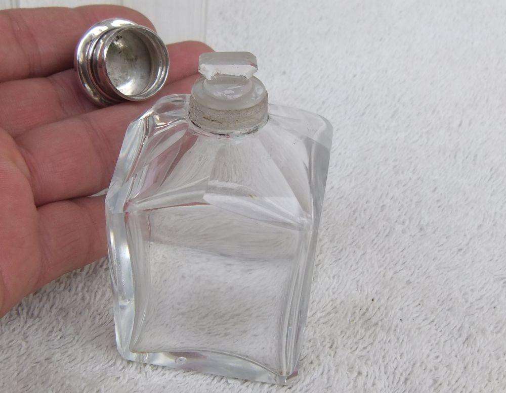AN ANTIQUE BOTTLE WITH HALLMARKED SILVER COLLAR DATED 1918 , ANOTHER WITH SILVER LID PLUS 2 MORE !!