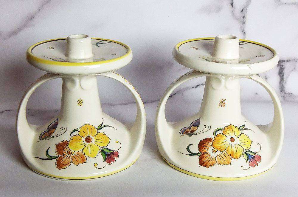 A rare pair of beautiful hand painted Art Nouveau styled Schoonhoven Holland candle holders