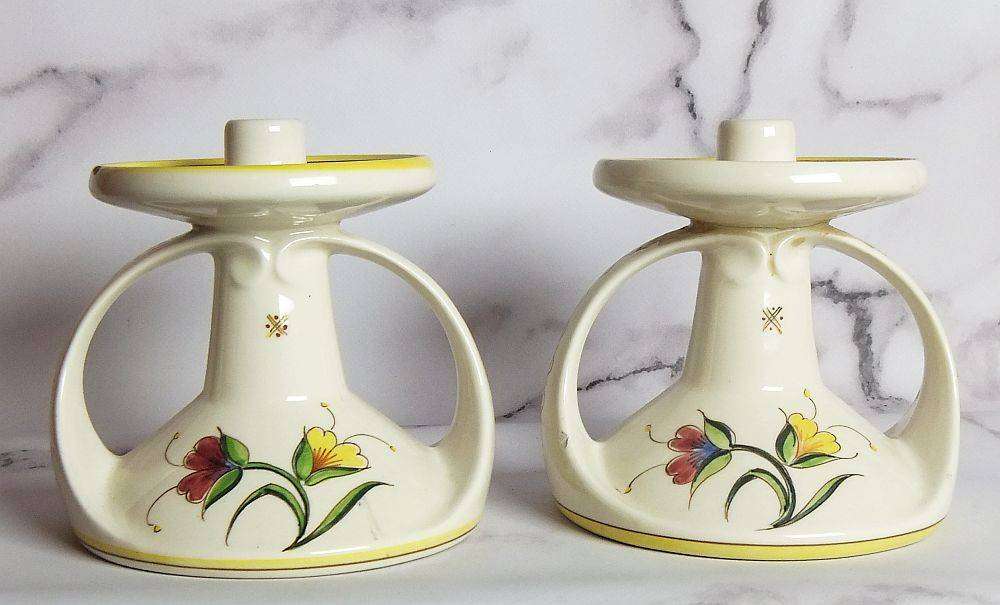 A rare pair of beautiful hand painted Art Nouveau styled Schoonhoven Holland candle holders