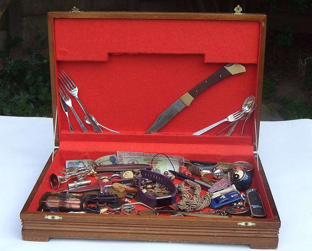 A large vintage wooden canteen box with a variety of useful spares and collectables