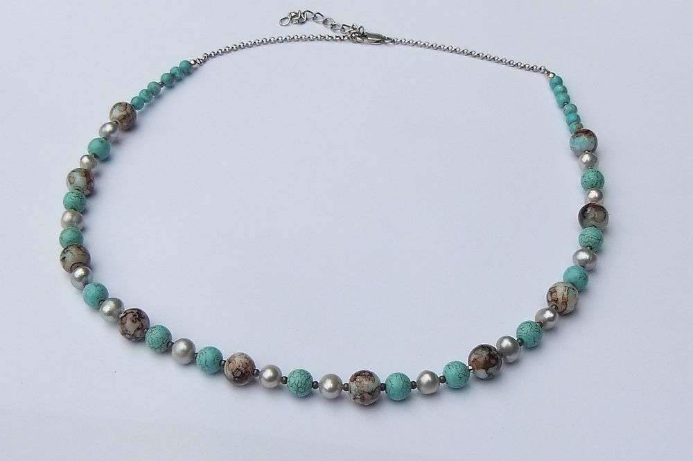 ONE OF A KIND !! A STERLING SILVER NECKLACE WITH GENUINE PEARLS , TURQUOISE ORBS AND OTHER GEMS