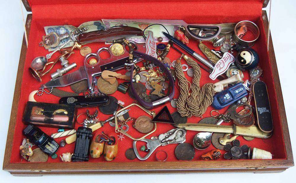 A large vintage wooden canteen box with a variety of useful spares and collectables