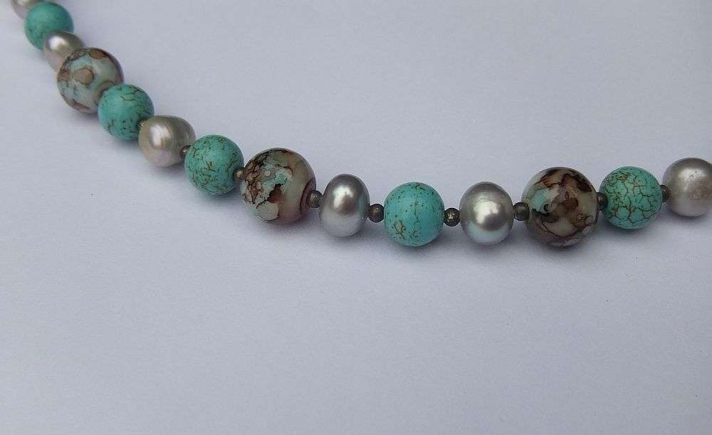 ONE OF A KIND !! A STERLING SILVER NECKLACE WITH GENUINE PEARLS , TURQUOISE ORBS AND OTHER GEMS