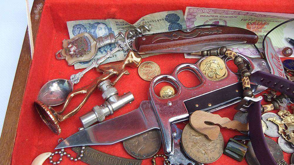 A large vintage wooden canteen box with a variety of useful spares and collectables