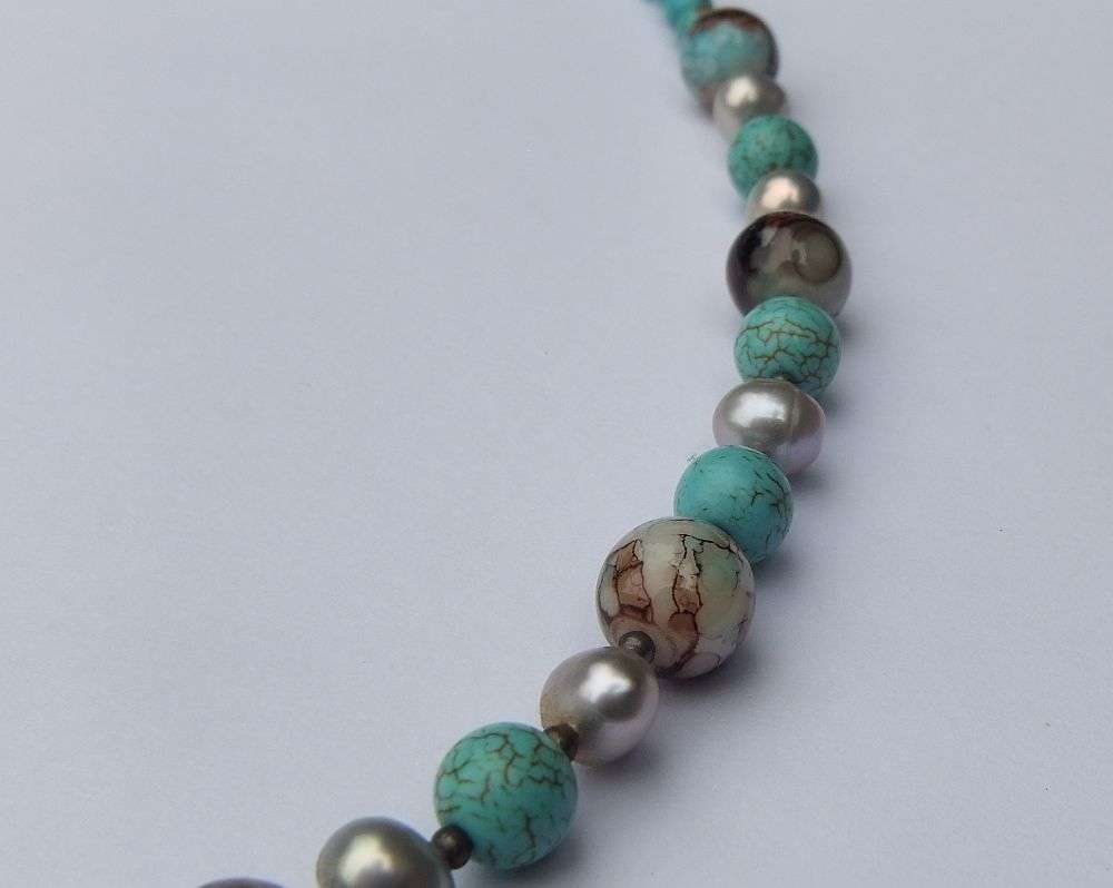 ONE OF A KIND !! A STERLING SILVER NECKLACE WITH GENUINE PEARLS , TURQUOISE ORBS AND OTHER GEMS