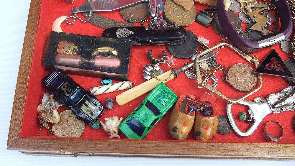 A large vintage wooden canteen box with a variety of useful spares and collectables
