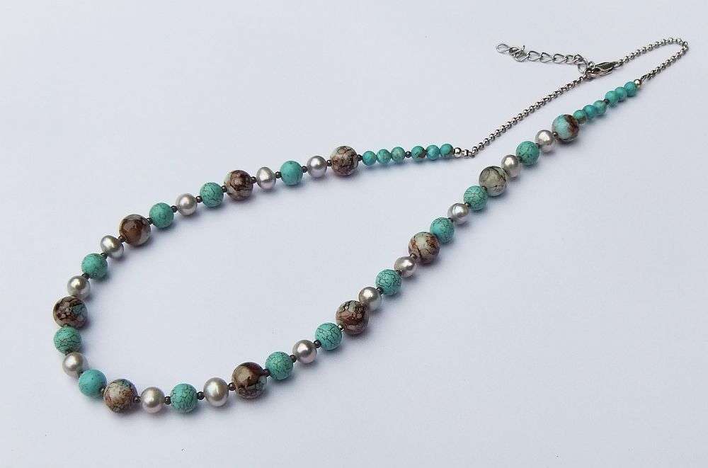 ONE OF A KIND !! A STERLING SILVER NECKLACE WITH GENUINE PEARLS , TURQUOISE ORBS AND OTHER GEMS