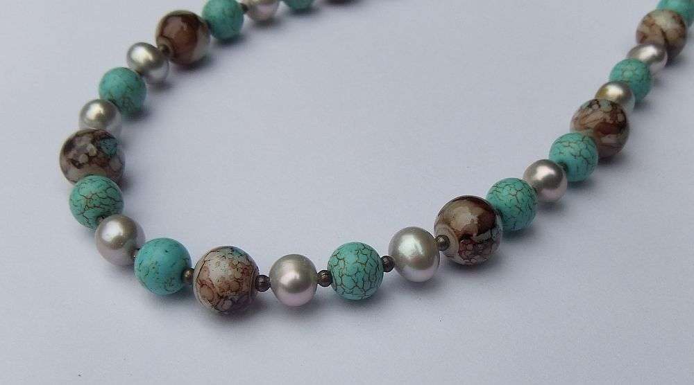 ONE OF A KIND !! A STERLING SILVER NECKLACE WITH GENUINE PEARLS , TURQUOISE ORBS AND OTHER GEMS