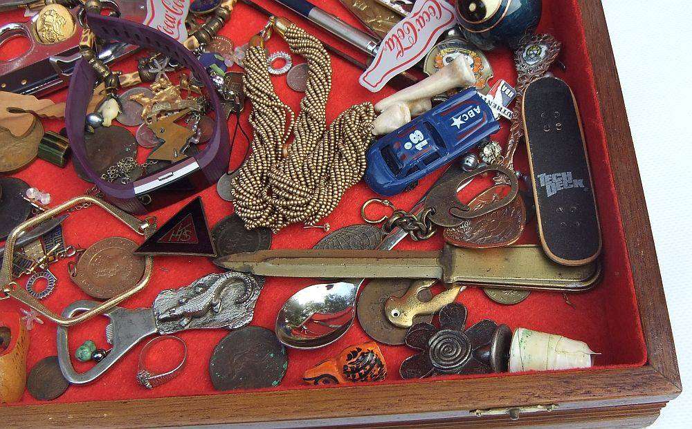 A large vintage wooden canteen box with a variety of useful spares and collectables