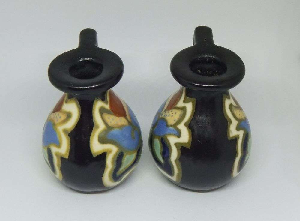 A VINTAGE PAIR OF GOUDA STYLE HAND PAINTED MINIATURE EWER ORNAMENTS
