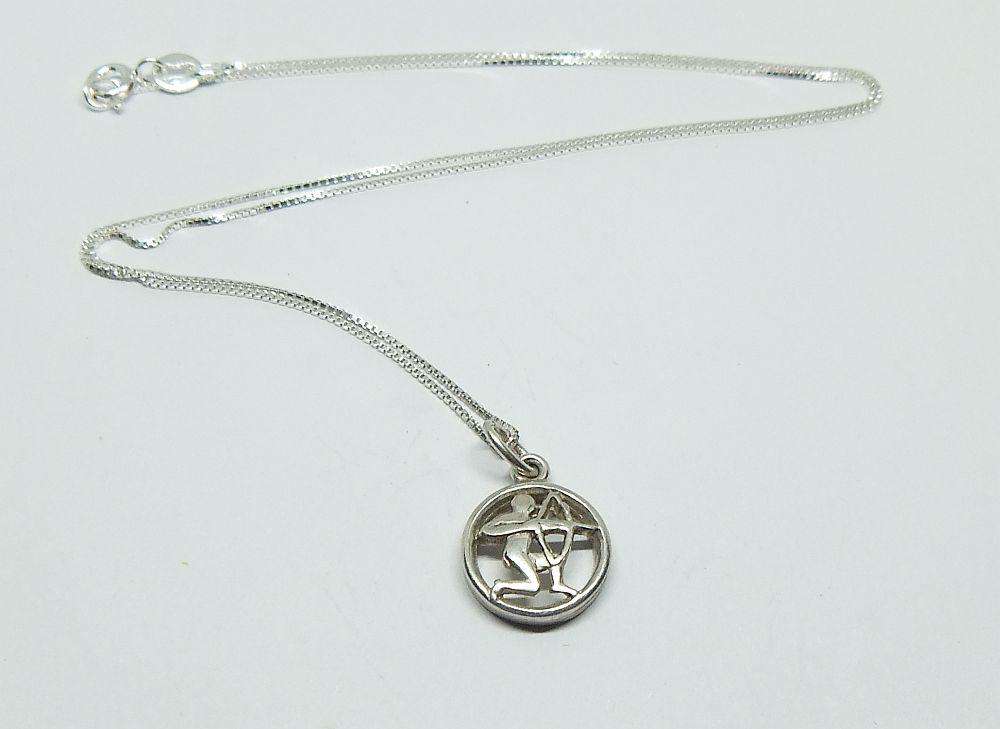 A VINTAGE SOLID 835 GERMAN SILVER SAGITTARIUS PENDANT WITH A BRAND NEW STERLING SILVER NECKLACE !!