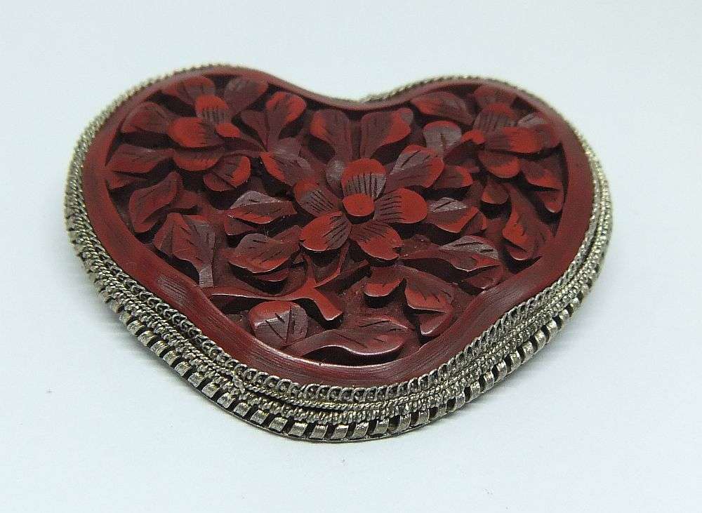 SUPER RARE !! AN OLD CHINESE METAL BROOCH WITH A HAND CARVED HEART SHAPED CINNABAR INSET !! WOW !!