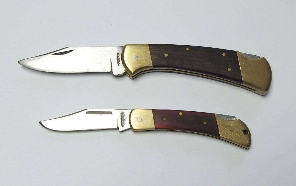 Two heavy quality brass and wood folding pocket knives by Gordon with 440 stainless steel blades
