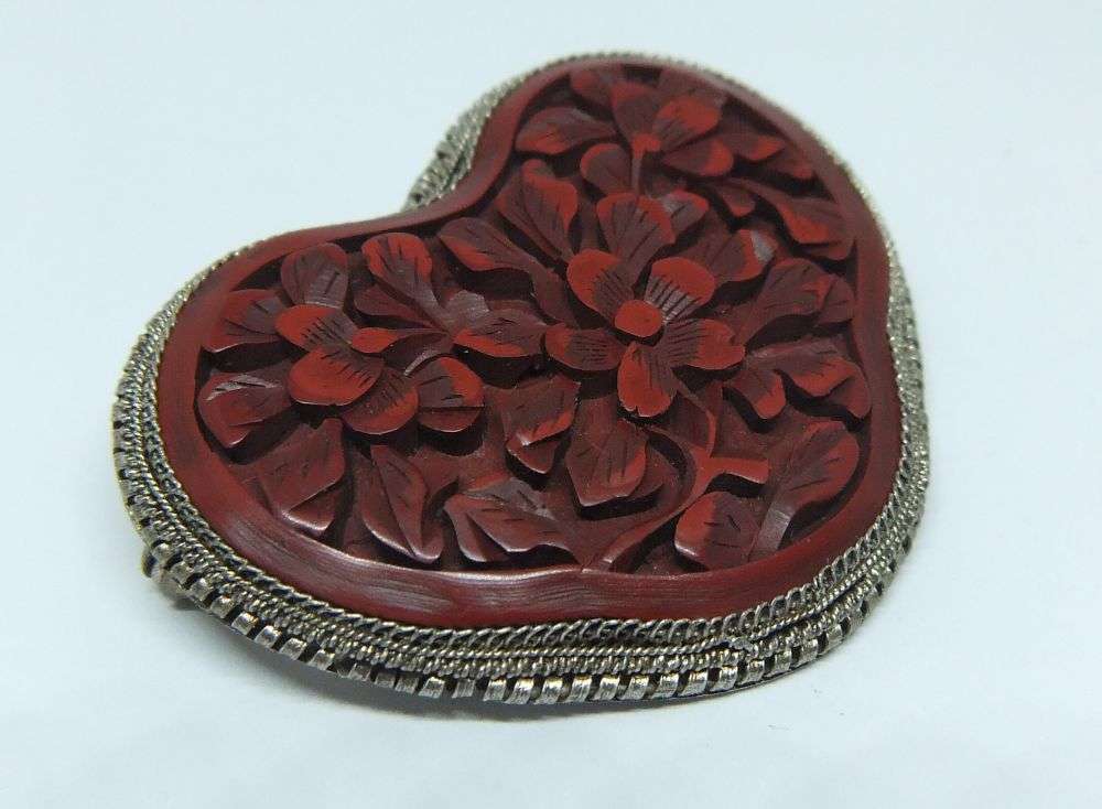 SUPER RARE !! AN OLD CHINESE METAL BROOCH WITH A HAND CARVED HEART SHAPED CINNABAR INSET !! WOW !!