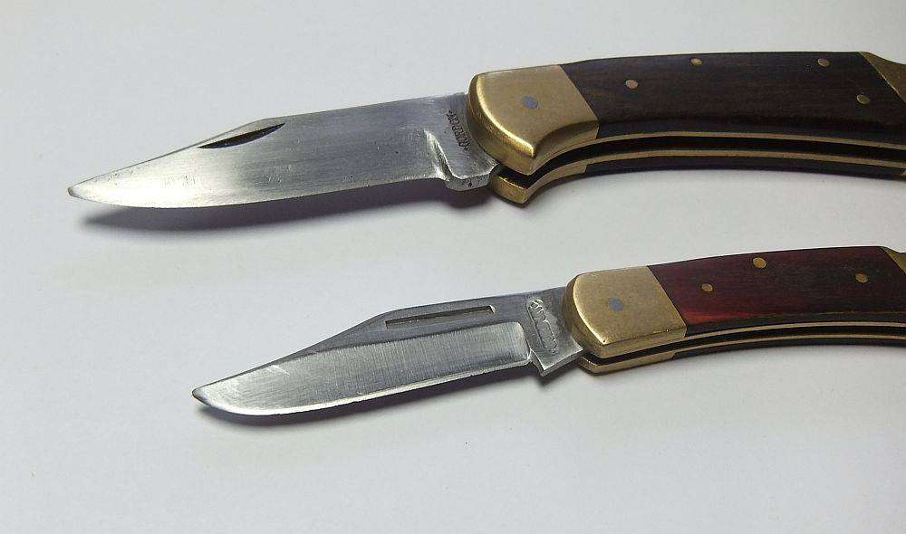 Two heavy quality brass and wood folding pocket knives by Gordon with 440 stainless steel blades