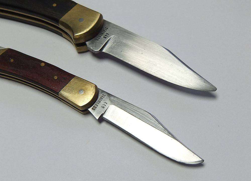 Two heavy quality brass and wood folding pocket knives by Gordon with 440 stainless steel blades