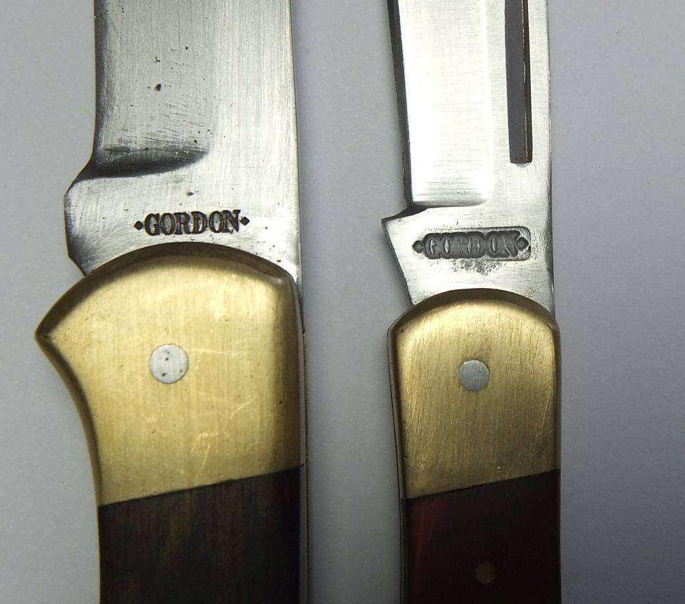 Two heavy quality brass and wood folding pocket knives by Gordon with 440 stainless steel blades