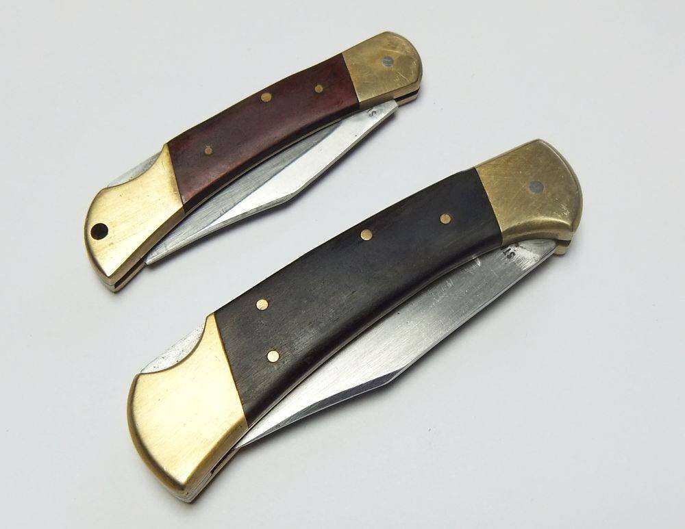 Two heavy quality brass and wood folding pocket knives by Gordon with 440 stainless steel blades