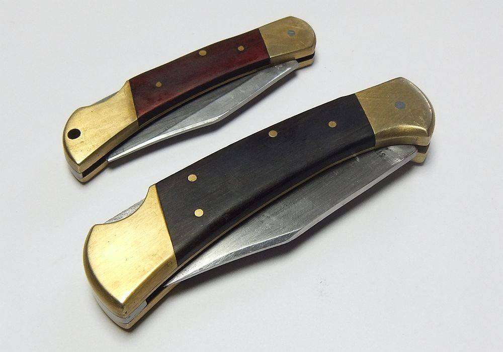 Two heavy quality brass and wood folding pocket knives by Gordon with 440 stainless steel blades