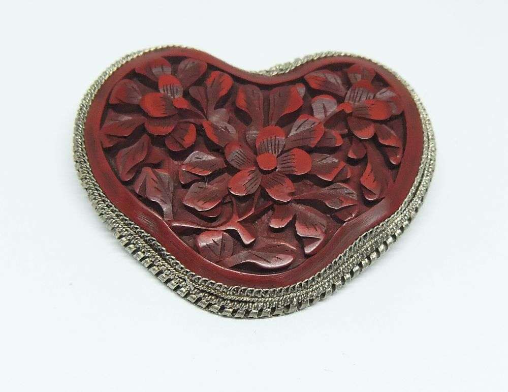 SUPER RARE !! AN OLD CHINESE METAL BROOCH WITH A HAND CARVED HEART SHAPED CINNABAR INSET !! WOW !!
