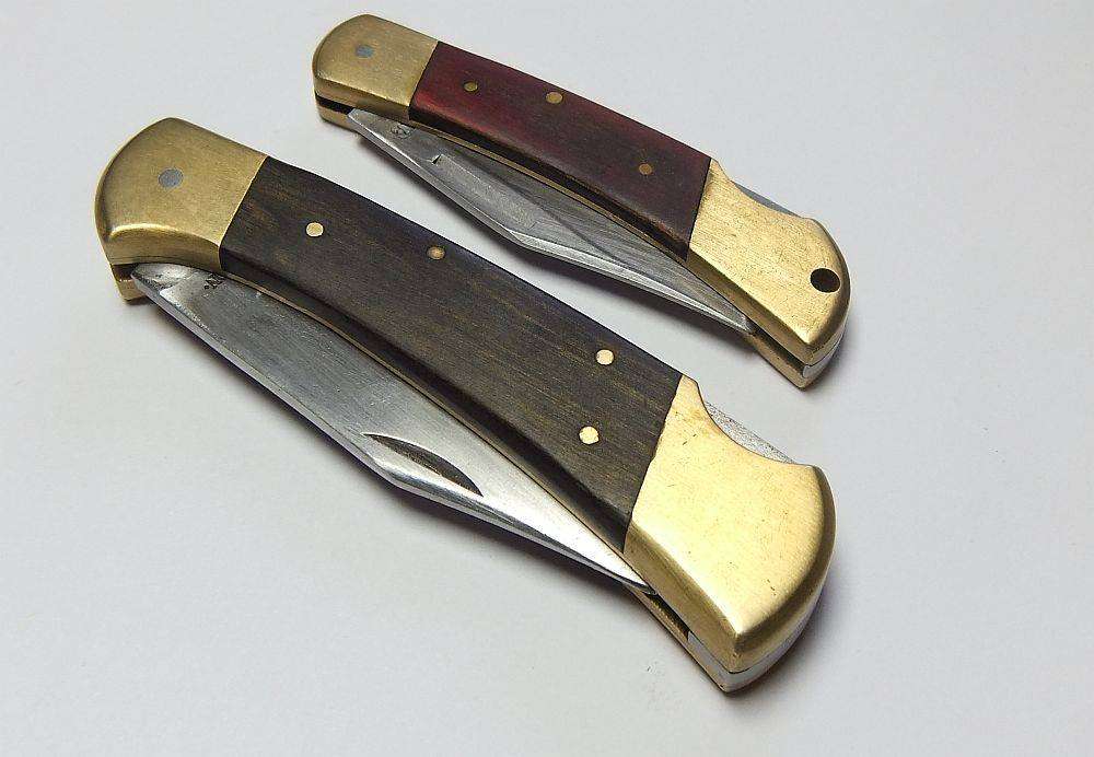 Two heavy quality brass and wood folding pocket knives by Gordon with 440 stainless steel blades