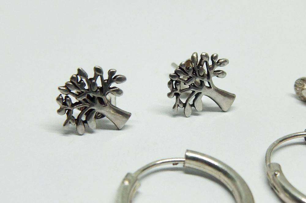Three pairs of sterling silver earring lot including sleepers , trees and slippers