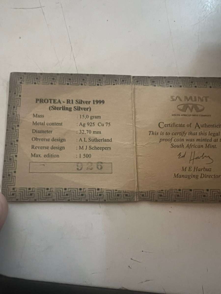 1999 R1 Silver Proof Coin - Protea Series - Gold Mining