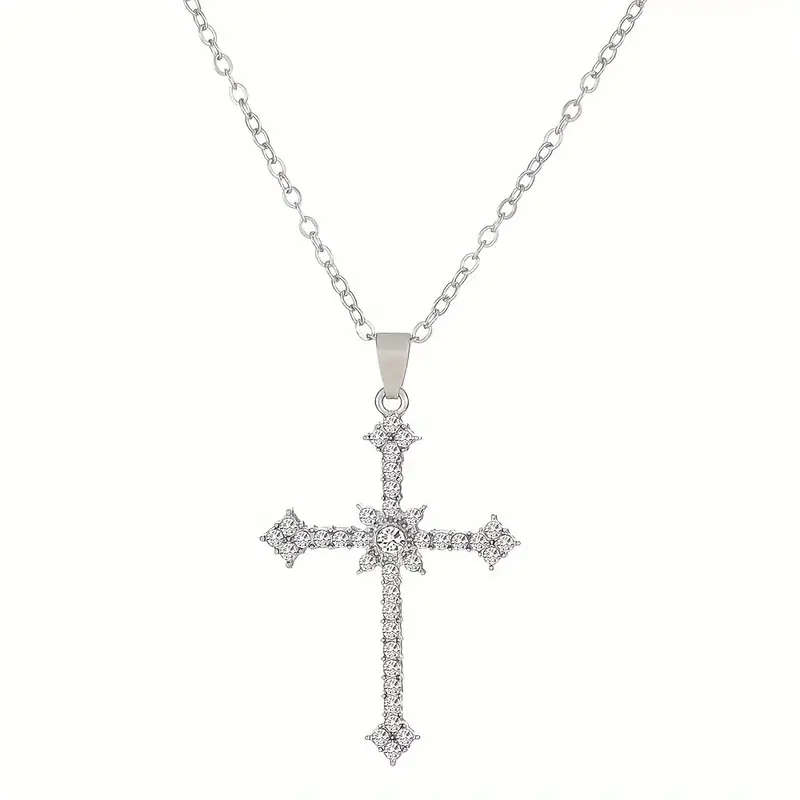 Ladies Elegant Sparkling Cross Necklace Pendant - Silver Color