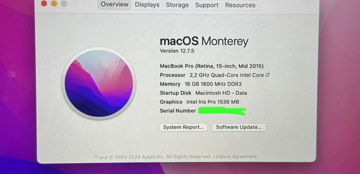 Apple MacBook Pro 15" Retina Mid 2015, Intel Core i7, 256gb SSD, 16gb Ram, 2.2GHz