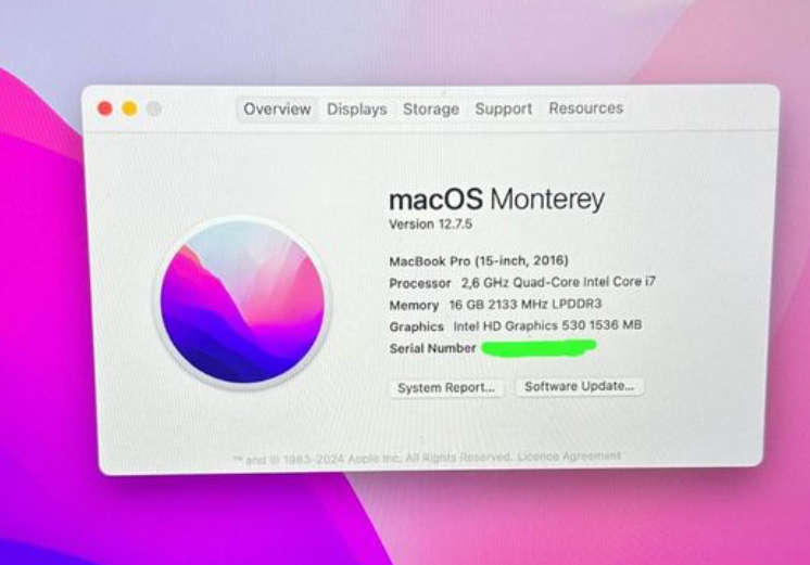 MacBook Pro (15-inch, 2016)TOUCHBAR 2.6GHz, Intel Core i7 ,256GB SSD, 16GB Ram - Silver