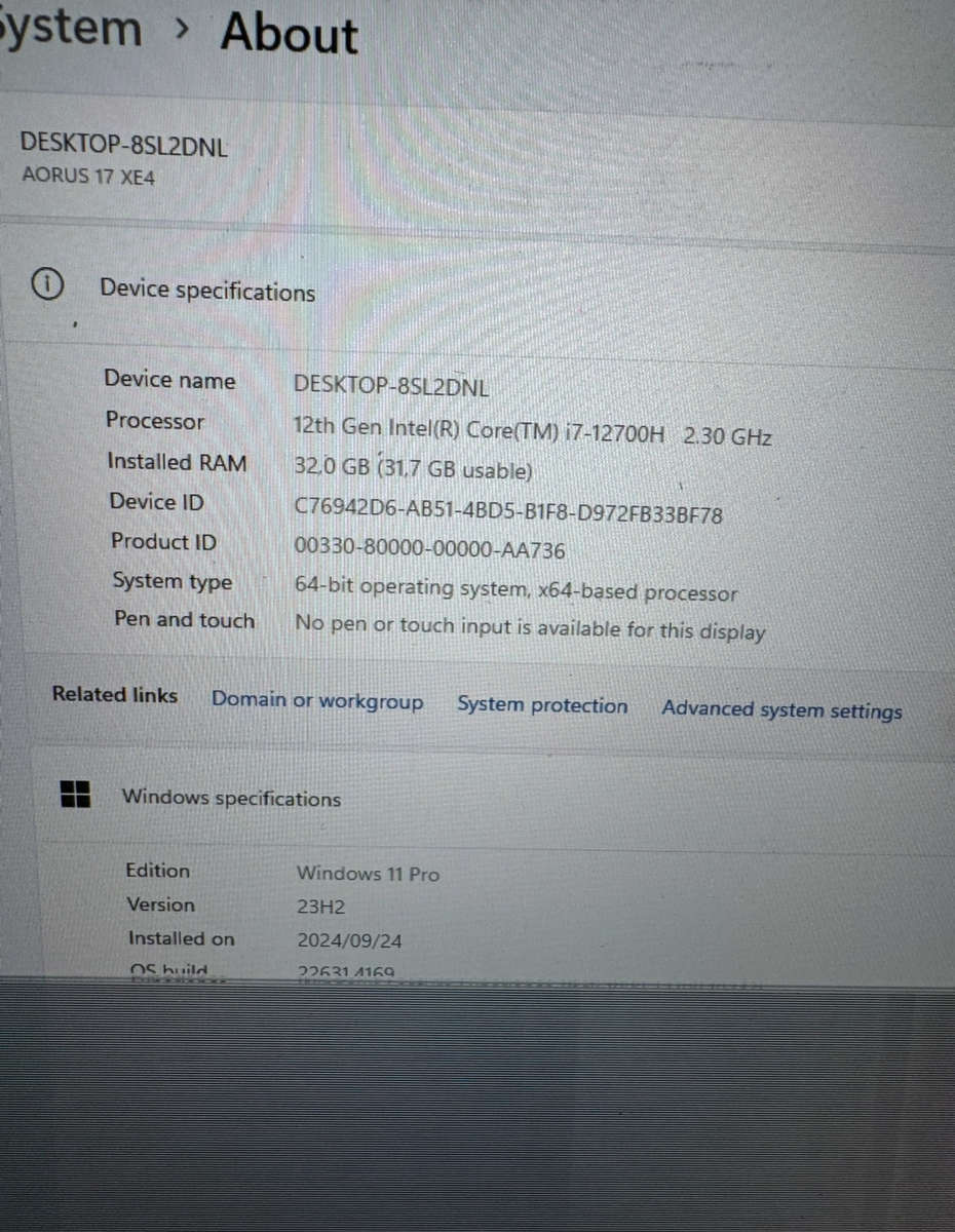Gigabyte AORUS XE4, RTX 3070Ti GPU, Core i7-12700H 4.70GHz, 17.3" Full HD360Hz, 32GB PLEASE READ!!!