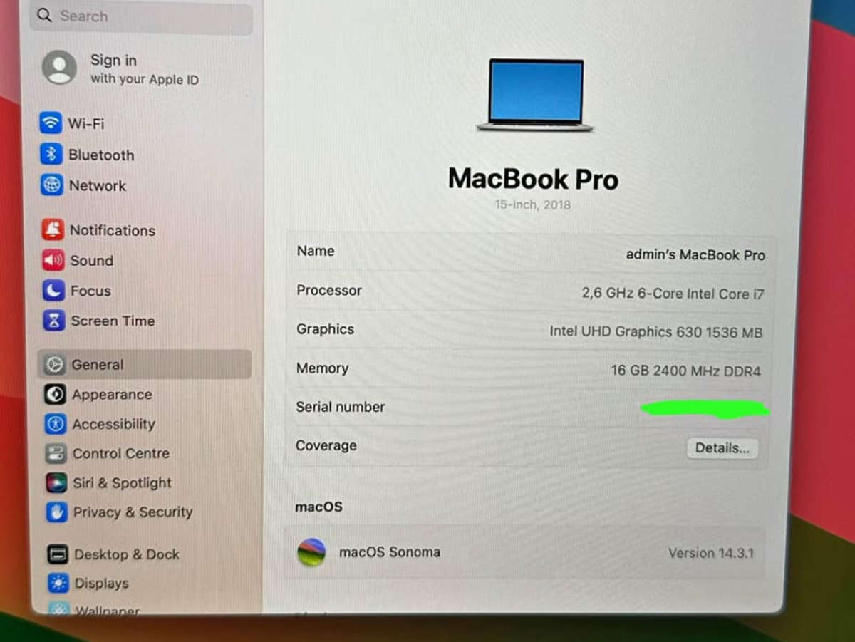 MacBook Pro (15-inch, 2018) 2.6GHz, Intel Core i7 ,512GB SSD, 16GB Ram - Silver , NEW BATERY INSTALL