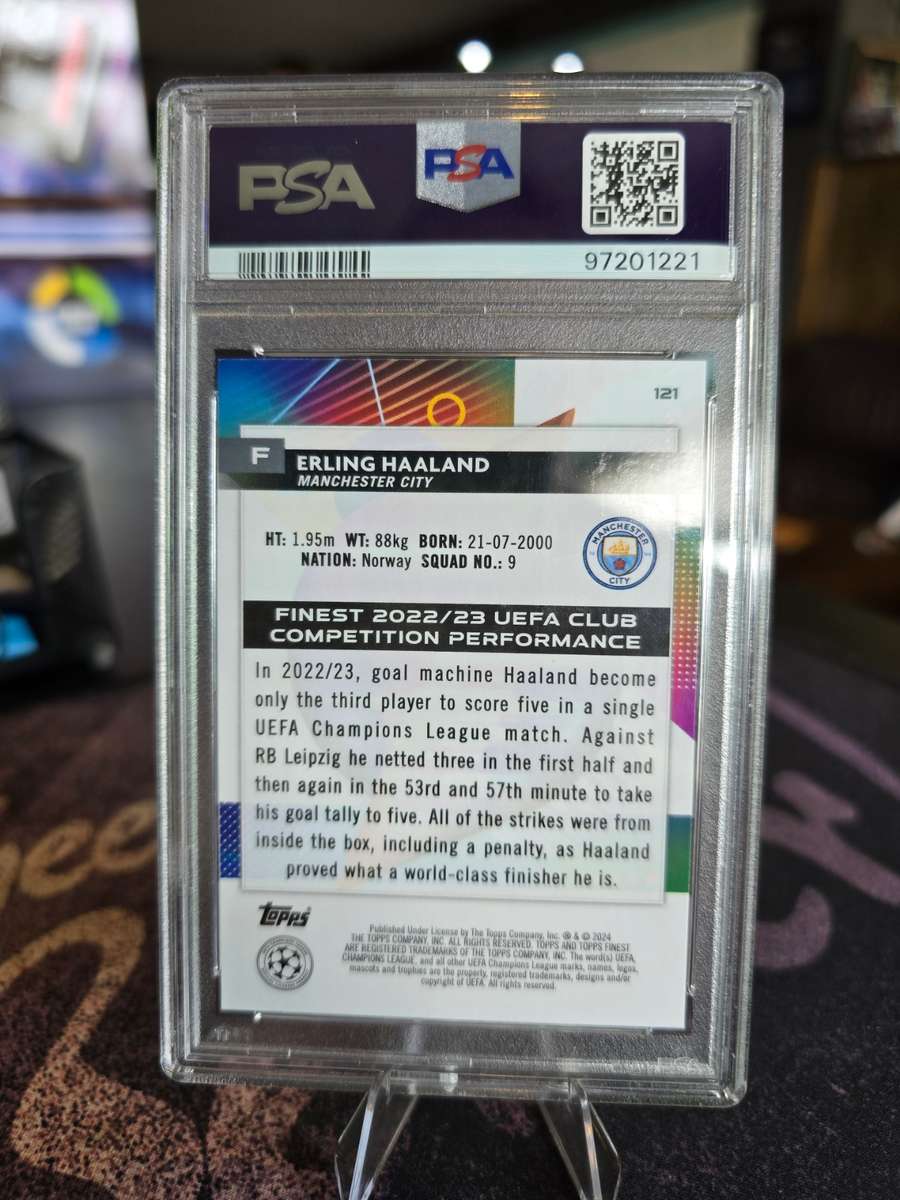 2023 2024 Topps Finest UCC Erling Haaland Sky Blue 062/275 PSA Mint 9 Manchester City