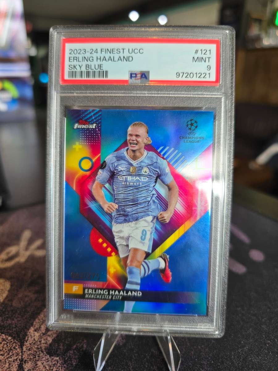 2023 2024 Topps Finest UCC Erling Haaland Sky Blue 062/275 PSA Mint 9 Manchester City